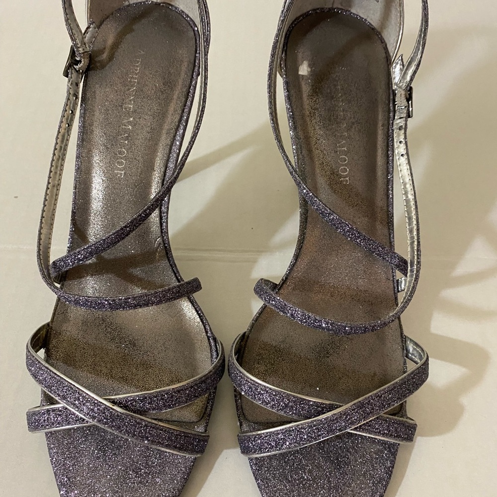 Adrienne Maloof dress sandal. Silver/Grey sparkle, 3inch heel. Size 10M
